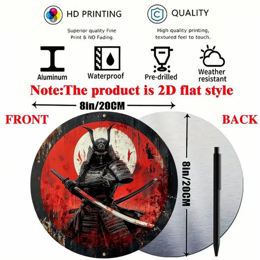 Japanese Samurai Aluminum Wall Art, Retro Style Circular Metal Logo Decoration, Suitable for Manholes, Cafes, Homes Weatherproof