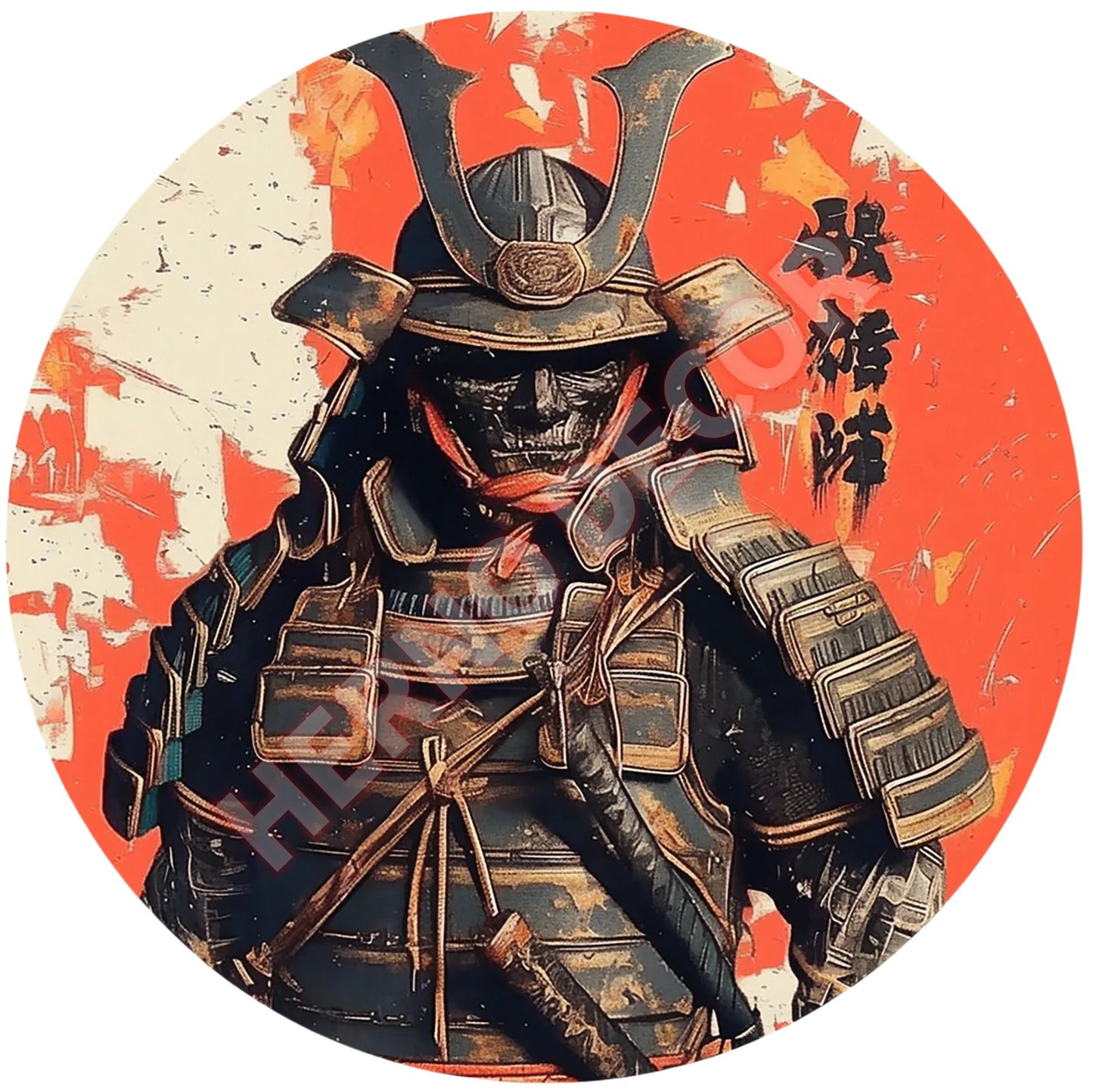 Japanese Samurai Aluminum Wall Art, Retro Style Circular Metal Logo Decoration, Suitable for Manholes, Cafes, Homes Weatherproof