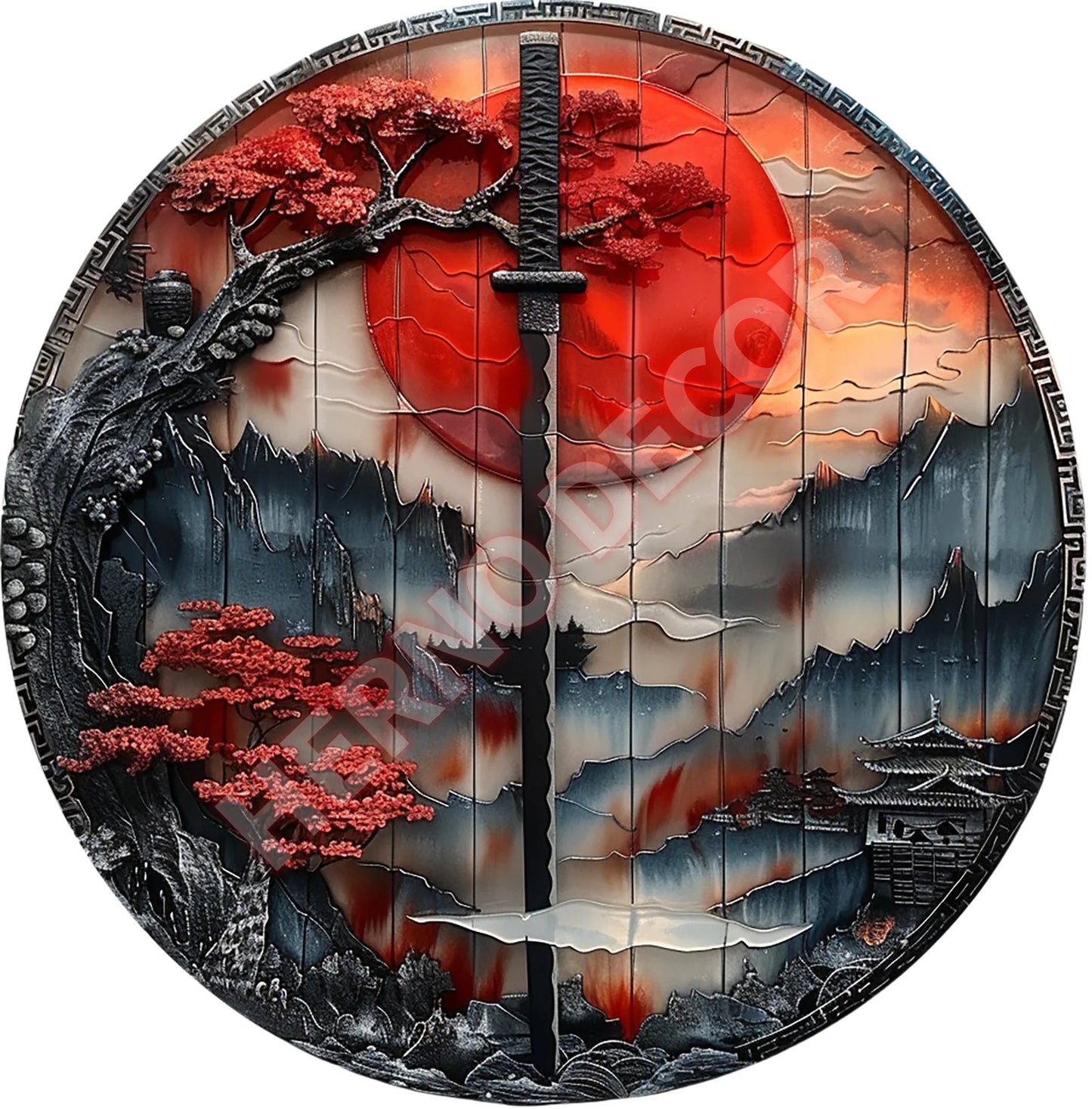 Japanese Samurai Aluminum Wall Art, Retro Style Circular Metal Logo Decoration, Suitable for Manholes, Cafes, Homes Weatherproof