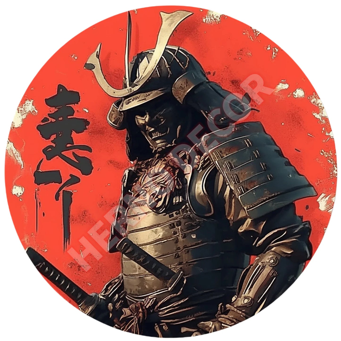 Japanese Samurai Aluminum Wall Art, Retro Style Circular Metal Logo Decoration, Suitable for Manholes, Cafes, Homes Weatherproof