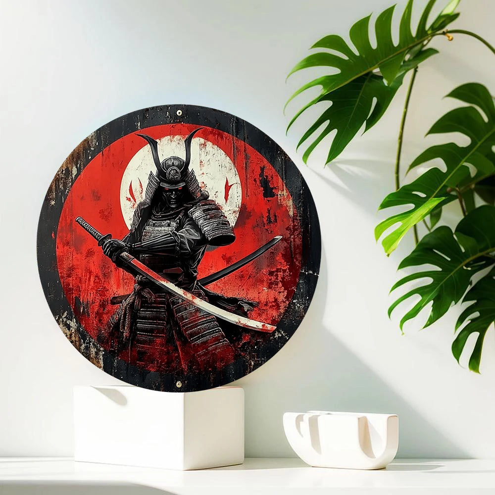 Japanese Samurai Aluminum Wall Art, Retro Style Circular Metal Logo Decoration, Suitable for Manholes, Cafes, Homes Weatherproof