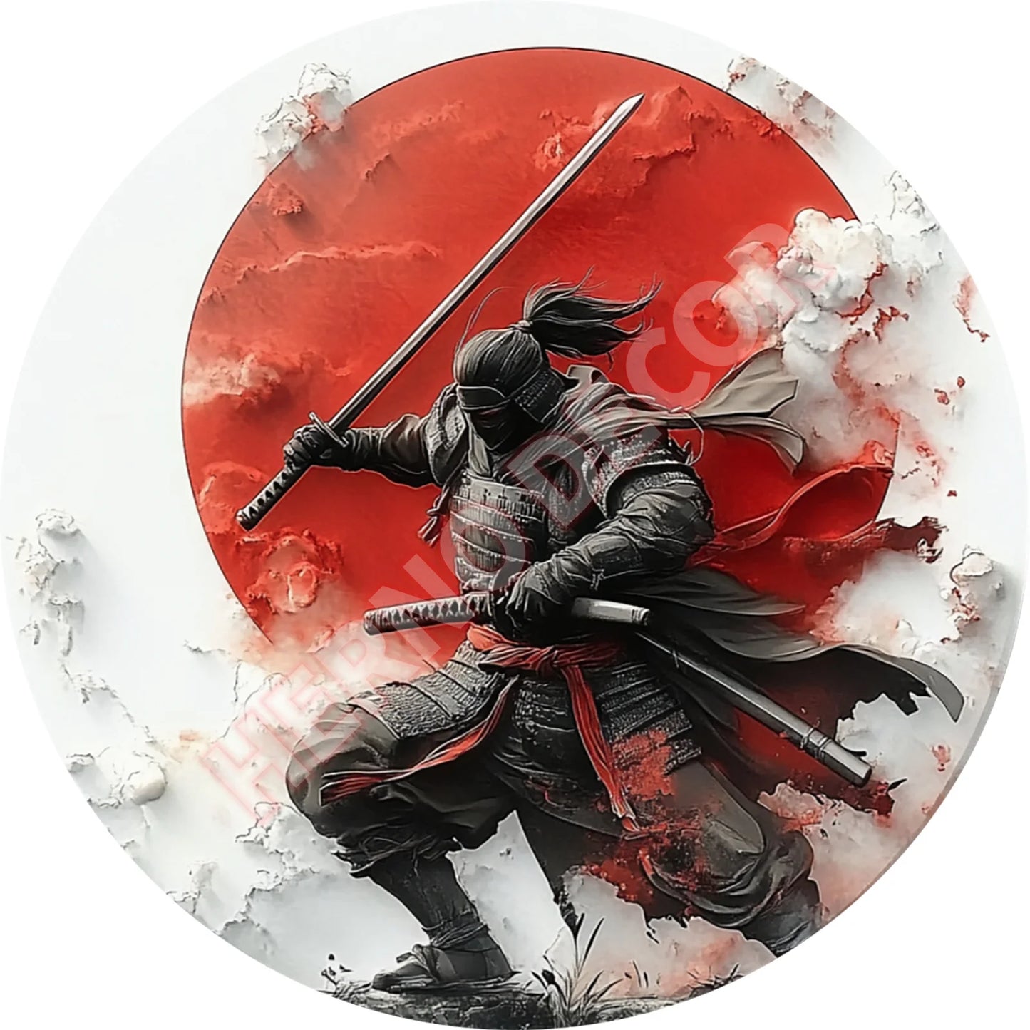 Japanese Samurai Aluminum Wall Art, Retro Style Circular Metal Logo Decoration, Suitable for Manholes, Cafes, Homes Weatherproof