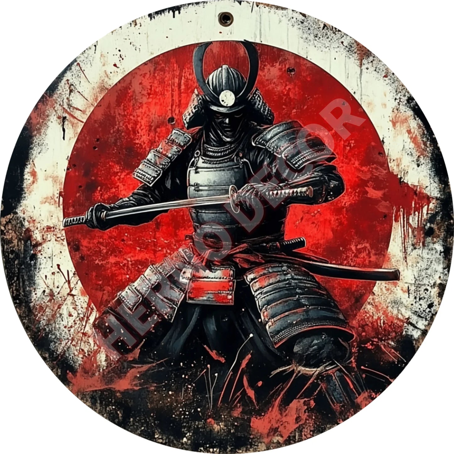 Japanese Samurai Aluminum Wall Art, Retro Style Circular Metal Logo Decoration, Suitable for Manholes, Cafes, Homes Weatherproof