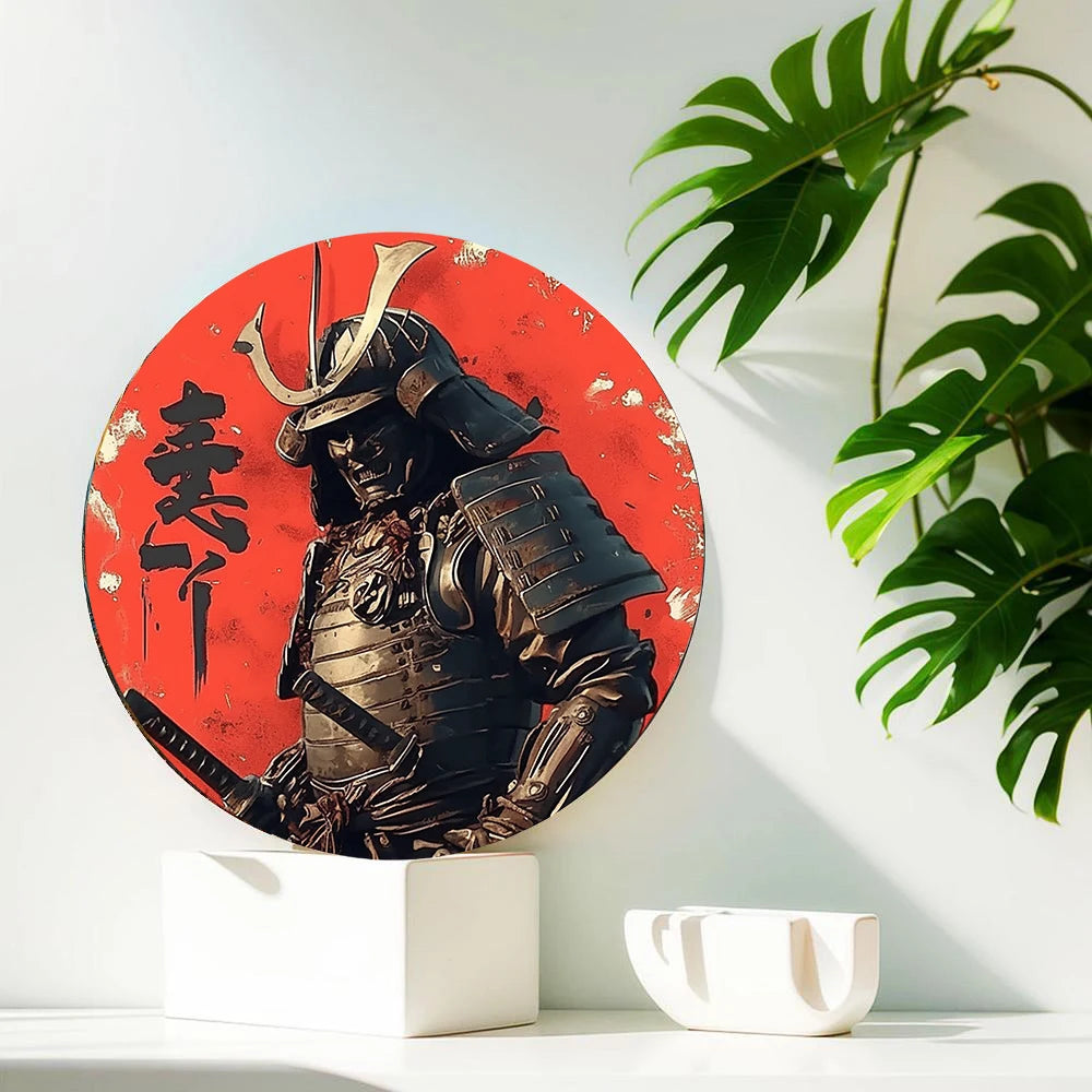 Japanese Samurai Aluminum Wall Art, Retro Style Circular Metal Logo Decoration, Suitable for Manholes, Cafes, Homes Weatherproof