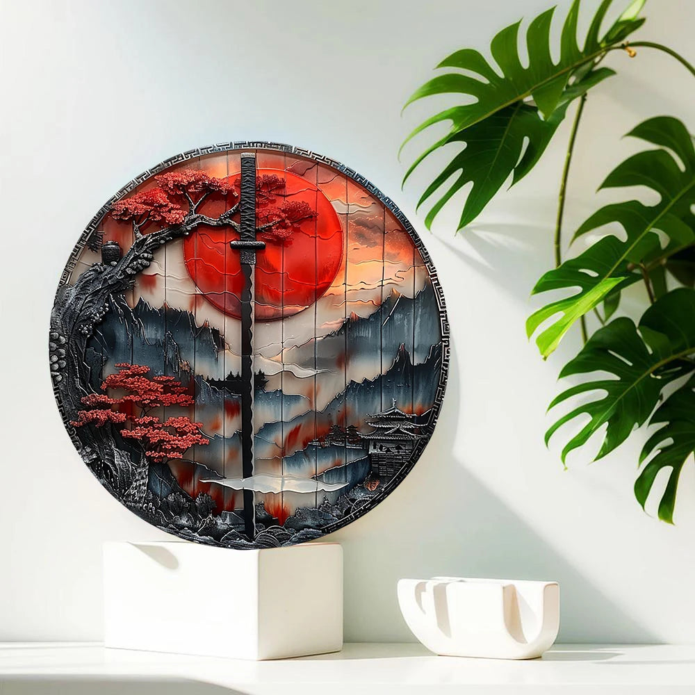 Japanese Samurai Aluminum Wall Art, Retro Style Circular Metal Logo Decoration, Suitable for Manholes, Cafes, Homes Weatherproof