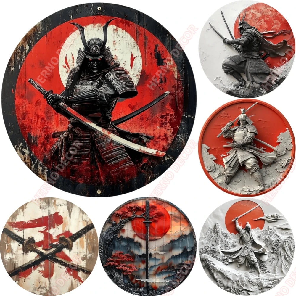 Japanese Samurai Aluminum Wall Art, Retro Style Circular Metal Logo Decoration, Suitable for Manholes, Cafes, Homes Weatherproof